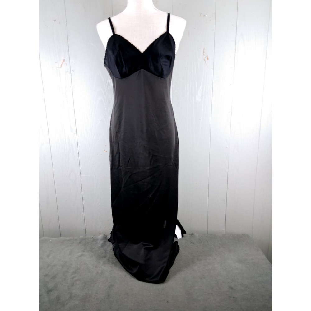 Vintage Vanity Fair Silky Satin Black Slip Dress Chemise Maxi 36 Large Goth Vamp